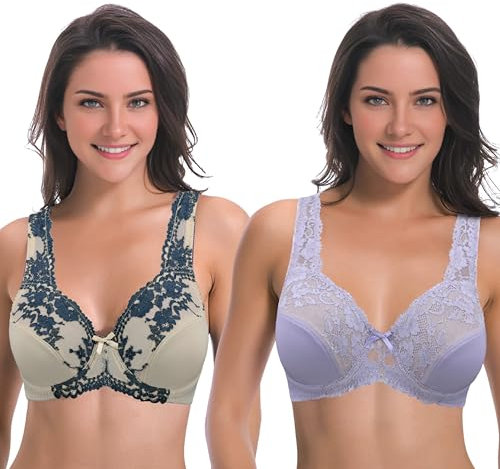 Curve Muse Damen Minimizer Ungefütterter Bügel-BH mit Spitzenstickerei - 2er Pack-Lavendel, Nackt-105C