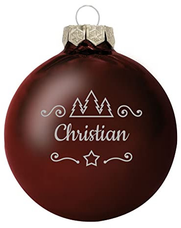 Deitert Weihnachtskugel mit Namen oder Wunschtext graviert, Ø 8cm, personalisierte Christbaumkugel aus Glas (glänzend), individueller Weihnachtsbaumschmuck mit Gravur, Tannen-Motiv, Schoko