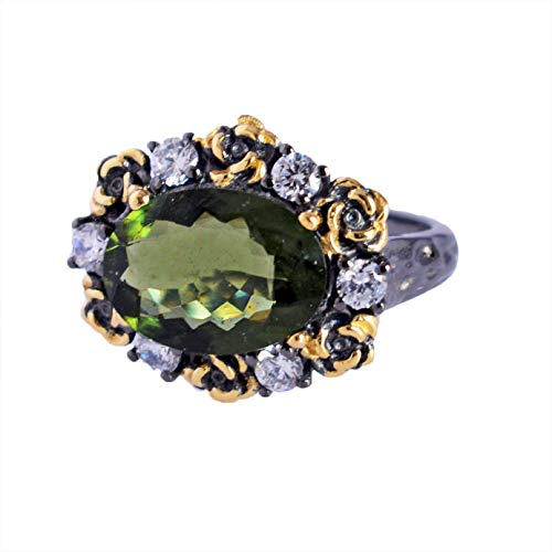 Ring aus massivem 925er Sterlingsilber mit Moldavit-Edelstein, schwarz, rhodiniert, attraktiver Designer-Schmuck, für Mädchen, -5770BR, Stein:, Moldavit