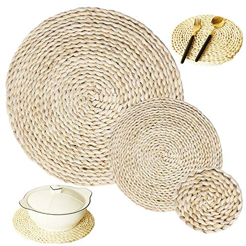 3 Pzs Manteles Individuales De Jacinto Agua Tejidos Mano Naturales Manteles Individuales De Paja Trenzada Redondos Antideslizante, para Dormitorio, Sala Estar, Comedor, Empresa, Picnic Etc—3 Tamaños