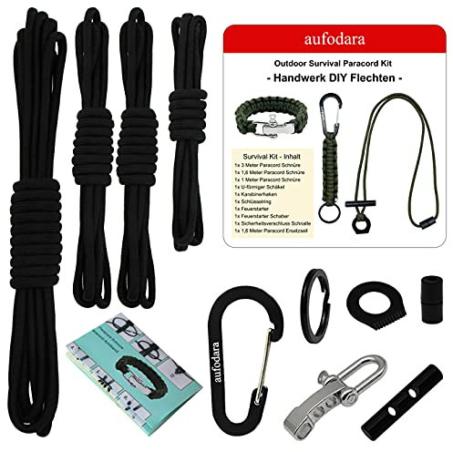 aufodara Survival Paracord Set, Handwerk DIY Flechten Paracord Armband Schlüsselanhänger, Paracord Halskette mit Feuerstahl, Knüpfset, Bastelset, mit Flechtanleitung und Ersatzseil (Schwarz)