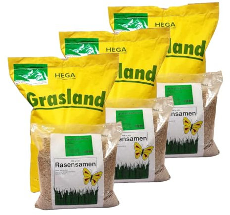 3 x 10kg HEGA Grasland Rasensamen Sport und Spiel, Grasamen, Zierrasen, Sportrasen, Spielrasen, Rasen, robust und widerstandsfähig, kontorliert und zertifiziert, hitzersestent