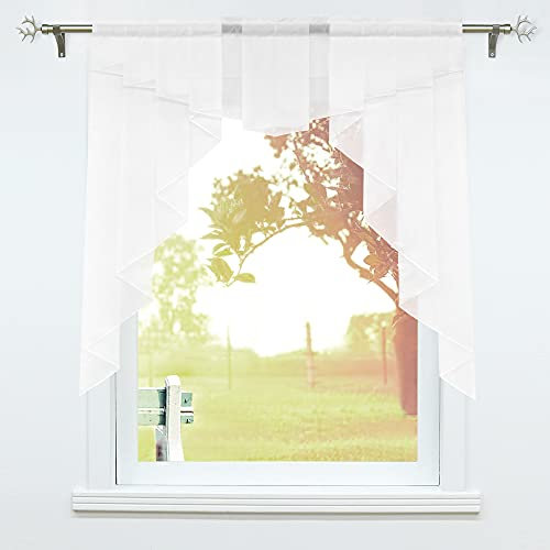SCHOAL Scheibengardinen Küche Kleinfenster Gardinen mit Kräuselband oder Tunnelzug Bistrogardinen Voile Transparente Kurzgardinen Modern 1 Stück BxH 140x145cm Weiß