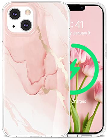 Togestar für iPhone 14 Hülle Marmor 6.1, [Verblasst Nicht] MoonRiver Series Ultra Dünn Aesthetic Glitzer Handyhülle, Flexibel Silikon TPU Schutzhülle Marble Case, Pink