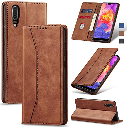 Jasonyu Handyhülle für Huawei P20 Hülle Leder Flip Klappbare Stoßfeste Magnetische Premium PU Leder Standfunktion Kartenfächern Schutzhülle Klapphülle für P20,Braun