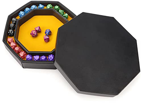 Belle Vous Dice Tray Würfelteller Schwarzes PU-Leder Tablett mit Gelbem Samt & Achteck Deckel - Würfel Spiel Aufbewahrungsbox Ideal als RPG, Brettspiel, DND Zubehör, Kniffel Set & Schmuck Ablage