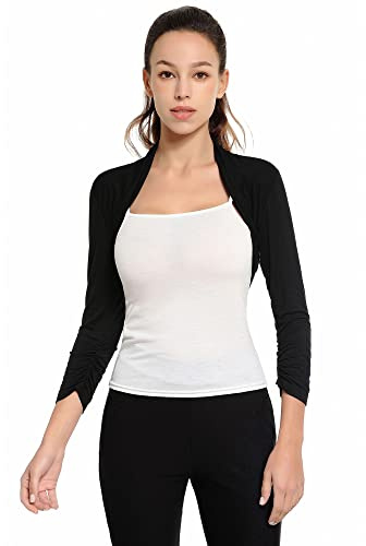 AmélieBoutik Women Ruched 3/4 Sleeve Bolero Cropped Cardigan Shrug(Black Large)