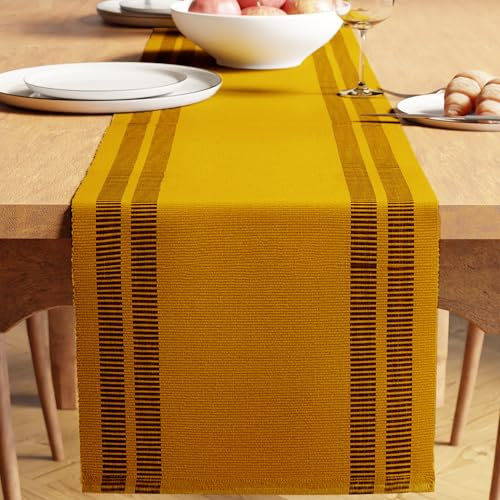 Encasa XO Tischläufer | Garngefärbte Feinripp-Baumwolle | Größe 32x183 cm | Leiter gelb | Maschinenwaschbar