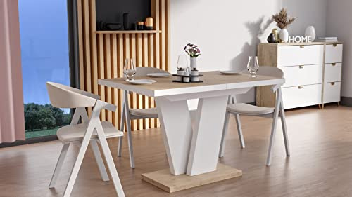 Design Esstisch Tisch MA-333 Hochglanz ausziehbar 120 bis 160 cm, Farbe:Eiche Lancelot - Weiß matt