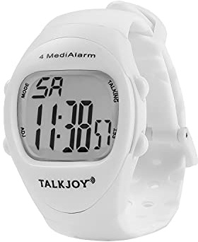 TalkJoy FRANZÖSISCH sprechende Armbanduhr mit 4 Alarmzeiten Wecker weiß, 4 Pillenwecker pro Tag