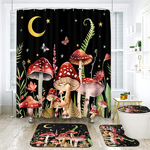 Arttown Pilz-Badezimmer-Set mit Duschvorhang und Teppich-Zubehör, schwarze florale Duschvorhänge, schwarz-rote Badezimmer-Dekoration, 4-teilig