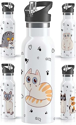 OWLBOOK® Edelstahl Trinkflasche Kinder | Wasserflasche mit Strohhalm | 600 ml | Sportdeckel | Spülmaschinenfest | Schule | Schulanfang Geschenke zur Einschulung Junge Mädchen | Katze