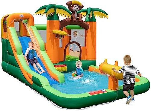 COSTWAY Inflatable Water Park with Slide, Water Cannon, Climbing Wall and Splashing Pool, Kids Bouncy Castle Jumper House for Summer Outdoor Play, 460 x 285 x 230cm