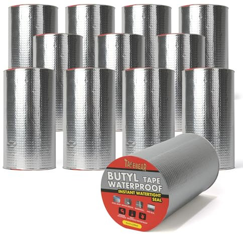 TAPEBEAR Butyl Tape Waterproof Sealing Tape 200mm x 5m, Upgraded Aluminum Foil Tape Heavy Duty for RV Repair, Awning, Window, Glass & EDPM Roof Leak Patching, Boat and Pipe Sealing, Silver, 12 Rolls