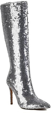 Wsbjbo 10 Cm Lange Damenstiefel Mit Stiletto-Pailletten, Große Modische Lange Stiefel Für Herbst Und Winter,Silber,44 EU
