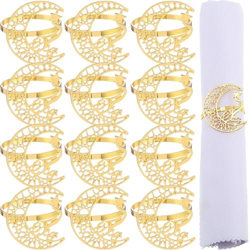 FillTouch Gold Serviettenringe Set 12 Stück Strass Mond und Stern Metall Serviettenhalter Eid al Adha Mubarak Serviettenringe Serviettenschnallen Eid al Adha Mubarak Tischdekoration für muslimische