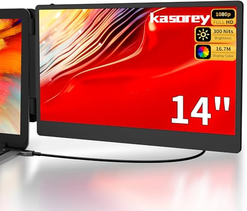 kasorey Laptop Screen Extender, 14'' FHD 1080P IPS Dual Laptop Monitor Extender Display, HDMI/USB-A/USB-C Plug-Play Portable Monitor Attachment for Windows, Chrome, Mac and Switch