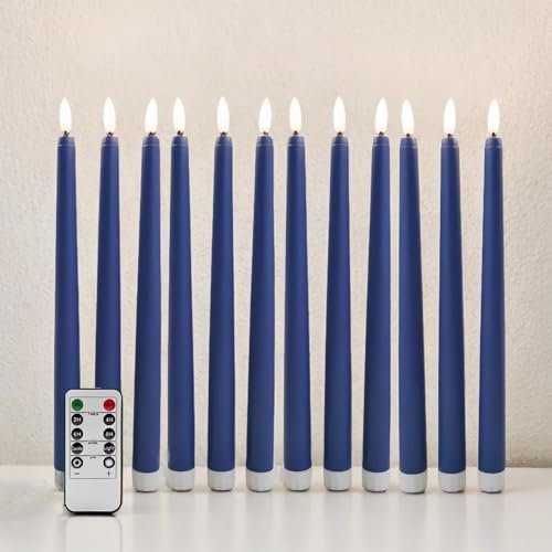 Ni-JASW Navy Blue Flameless Taper Candles with Remote, Flickering Battery Operated LED Candlesticks Set of 12