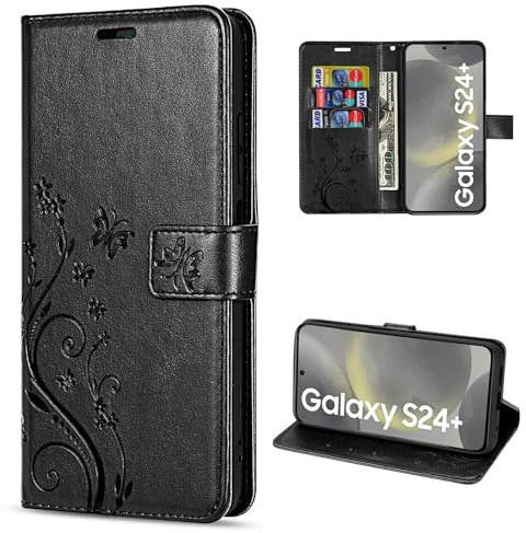 Hülle Kompatibel mit Samsung Galaxy S24+ | Premium PU Leder Handyhülle Wallet Case für Galaxy S24+ | Schutzhülle Blumen Klapphülle Handyhülle | Schwarz