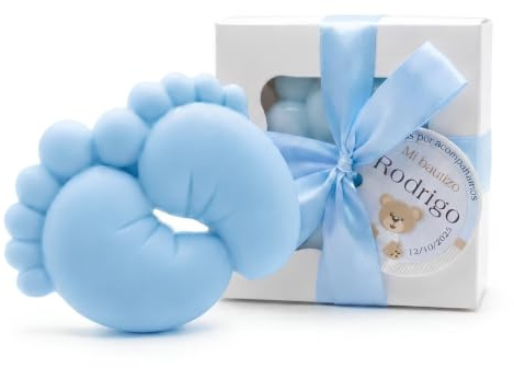 JA BONITA FÁBRICA 10 Jabones Personalizados para Bautizo - Recuerdos y Regalos Originales - Pie de Bebé de Jabón - Recuerdo de Bautizo para Niño - Jabones para Eventos (Azul)