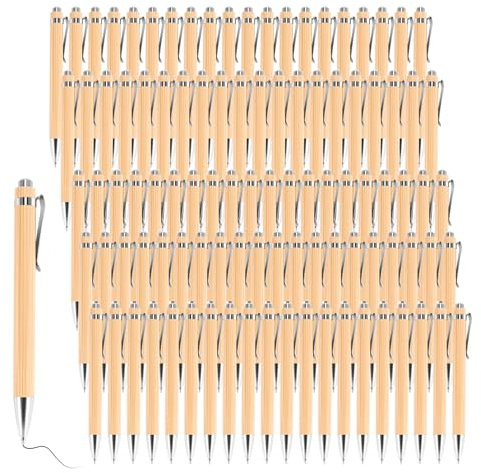 Raucilpy 100 Stück Bambus Kugelschreiber, Ballpen Mit Schwarzer Mine, Holzkugelschreiber für Büro & Schulbedarf, Geschenke Mit Hochwertiger Schwarzer Tinte