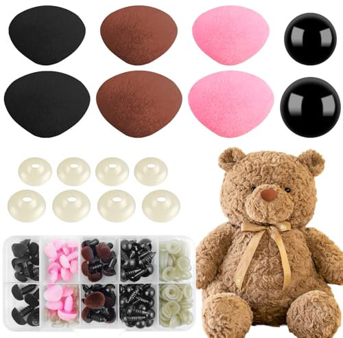 HavaCue 80 Stück Sicherheitsnasen Sicherheitsaugen für häkeltiere,2 Größen 10X11mm/12X14mm Flocking Sicherheitsnase 3 Farbe Amigurumi Augen,8/10MM Augen zum Basteln Knopfaugen für Häkeltiere