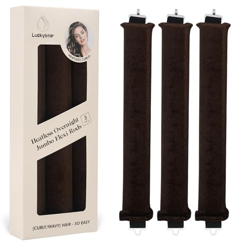 Luckybear Jumbo Heatless Hair Curler, 3pcs Satin Flexi Rods for All Hair Types, Heatless Overnight Curls Styling Tools, Soft Velvet Satin Brown
