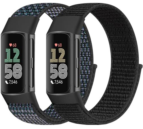 Bcuckood Pack of 2 Nylon Loop Wristbands Compatible with Fitbit Charge 6/Fitbit Charge 5 for Men and Women, Nylon Replacement Strap Sport Solo Loop Watch Strap for Fitbit Charge 6/Fitbit Charge 5
