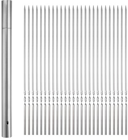 sourcing map 50 pinchos de metal de 35 cm x 2,8 mm, de acero inoxidable, reutilizables, para barbacoa, barbacoa, parrilla al aire libre, palo con tubo de almacenamiento para carne, camarones, frutas y