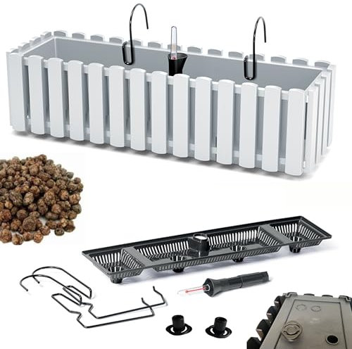 DIKEL Fioriera 58x18x16,5 cm da balcone con sistema di irrigazione e tappi di drenaggio | Vaso per giardino moderno, protegge le radici e previene il ristagno d'acqua | Bianco