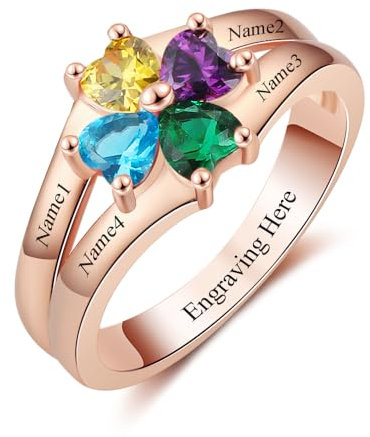 Amsgedhie Damenring mit Gravur 925 Sterling Silber Personalisierter Ring mit Edelstein und Name, Herz Zirkonia, Damenschmuck, Überraschungsgeschenk (Roségold)