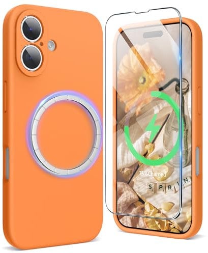 SURPHY Magnetic Design for iPhone 16 Case, Liquid Silicone Protection for Each Lens Shockproof Gel Rubber Phone Case for iPhone 16 6.1 inch 2024, Marigold Orange
