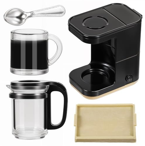 AOZUO 4 teiliges Puppenhaus Miniatur Kaffeemaschine, 1:12 Mini Kaffeemaschine, Kunststoff Kaffeetasse Löffeltablett Puppenhaus Dekor 1:12 Puppenhaus-Dekoration Rollenspiel für Puppenhaus Küchenzubehör