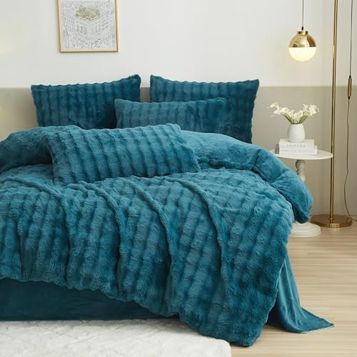 DXHOME Plüsch Bettwäsche 135x200cm 4tlg Petrol Blau Wendebettwäsche Flauschig Flanell Winter Warme Kaninchenfell Bettwäsche Cashmere Touch Bettbezüge mit Reißverschluss und 2 Kissenbezüge 80×80 cm