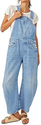yoeasy Women's Denim Overall Barrel Wide Leg Bib Baggy Jeans Adjustable Strap Denim Romper Stretch Jumpsuit Y2K Pants, Light Blue, XX-Large