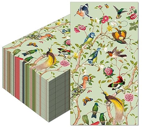 2-Ply Vintage Floral Bird Napkins - 20Pcs Green Wild Flower Watercolor Guest Tissue for Cocktail Dinner, Birthday, Wedding, Engagement Party (40x33cm)