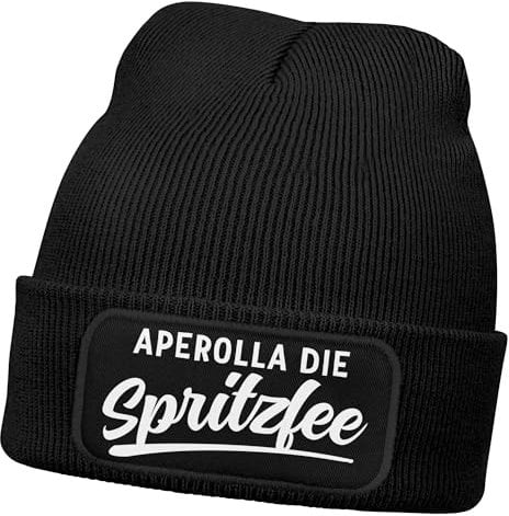 MoonWorks® Damen Beanie mit Patch Aperolla die Spritzfee Party Strickmütze Spruch Aufdruck Lustig Damenmütze Schwarz Unisize