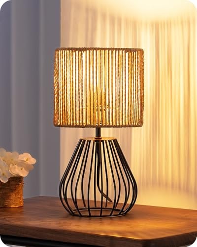 EDISHINE Lampada da Comodino Vintage, Paralume Boho Intrecciato a Mano e Base a Gabbia in Ferro, Lampadina LED E14 Inclusa, Luce a 2700K Bianco Caldo, Lampada da Tavolo per Camera, Salotto, Ufficio