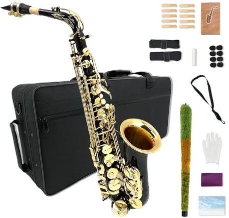WUQIMUSC Eb Alt-Saxophon für Anfänger, komplettes Saxophon Kit mit Hardcase, Mundstück, Halsband, Laschen, Reinigungsset, Ideal für Studenten und Profis (schwarz)