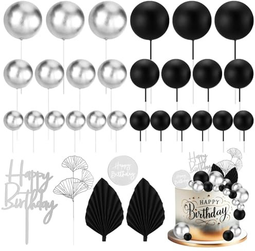 Teenyyou 31 PCS Black Silver Balls Birthday Cake Topper Balls Palm Leaves Cake Decorations Happy Birthday Cake Insert Toppers for Man Boy Boho Wedding Anniversary Baby Shower Party Decoration