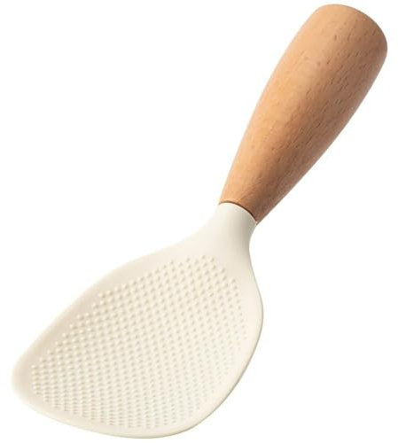 Vobumix Cuillère À Riz en Silicone avec Manche en Bois, Cuillère À Riz Antiadhésive, Spatule À Riz Résistante À Chaleur pour Salades De Riz, Purée De Pommes De Terre