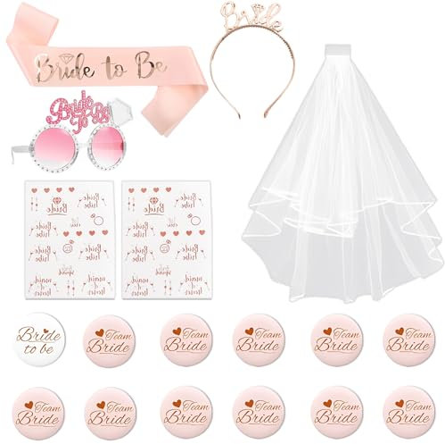 Team Bride Set 18PCS JGA Accessoires Deko mit 1 Bride to be Schärpe, 1 Schleier, 12 Abzeichen Set, 2 Tattoos und 1 Haarschmuck in Roségold, für Junggesellenabschied Brautparty und Hochzeitsfotografie