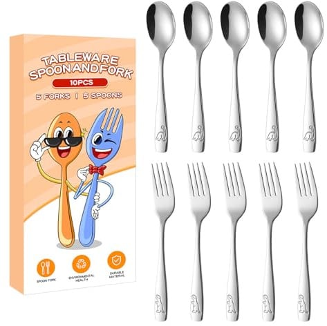 Cubiertos De Acero Inoxidable Para Niños Juego De Cubiertos Infantiles | Diseño Antideslizante Con Grabado De Dinosaurios, 5 Tenedores Y 5 Cucharas Para Comedor Escolar Y Guardería
