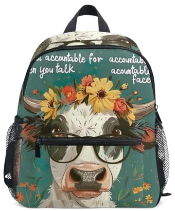 RPLIFE Kuh trägt Brille Blumenkrone Kleinkind Mädchen Rucksack mit Namensschild, Vorschulrucksäcke, 3-8 Jahre, Kuh trägt Brille Blumenkrone, Small, Niedliche Rucksäcke