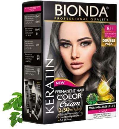 BIONDA Professional 8.11 Rubio Oliva Claro 200 ml Tinte Permanente | Tinte permanente 8.11 Rubio Oliva Claro con queratina y moringa, cobertura total de canas y color intenso de larga duración