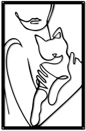 DUOOLN Wandkunst aus Metall Frau und Katze, moderne feminine Wanddekoration, abstrakte Wandskulptur in Schwarz für Homeoffice, Schlafzimmer, Badezimmer – Stil A – 40 x 26 cm