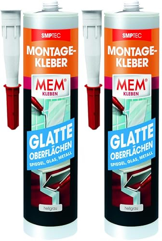 MEM Montage-Kleber Glatte Oberflächen, Innen- und Außenbereich, Wasser- und UV-beständig, Lösemittelfrei, Korrigierbar und hochflexibel, 390 g-Kartusche, Hellgrau (Packung mit 2)