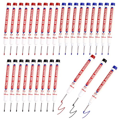 30 Piezas Marcador de Agujeros Profundos,Rotuladores Permanentes 22mm | Marcador Indeleble Carpintero de Punta Fina,Secado Rápido para Madera Plástico Pared Metal Cartón (Negro Azul Rojo)