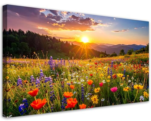 Feeby Leinwand Bilder - Bild Wohnzimmer - Feldblumen auf der Wiese Natur - 120x60 1tlg - Deko Schlafzimmer Groß - Dekoration Canvas - Gemälde - Modern Wandbilder - Kunstdruck