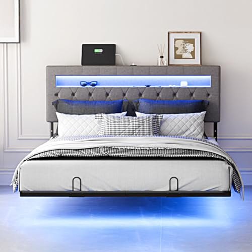 Bonnlo Polsterbett 160x200 cm mit Schwebeoptik – LED-Beleuchtung mit 60.000 Farben, integrierte Ladestation, höhenverstellbares Kopfteil, Leinenoptik, Grau (Ohne Matratze)